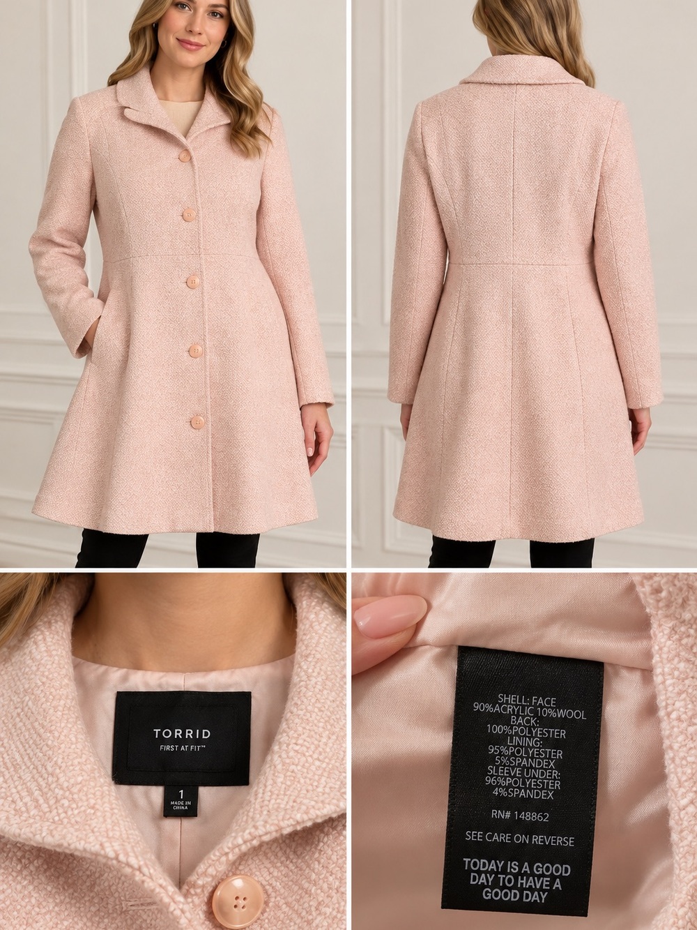 torrid Blush Pink Textured A-Line Pea Coat